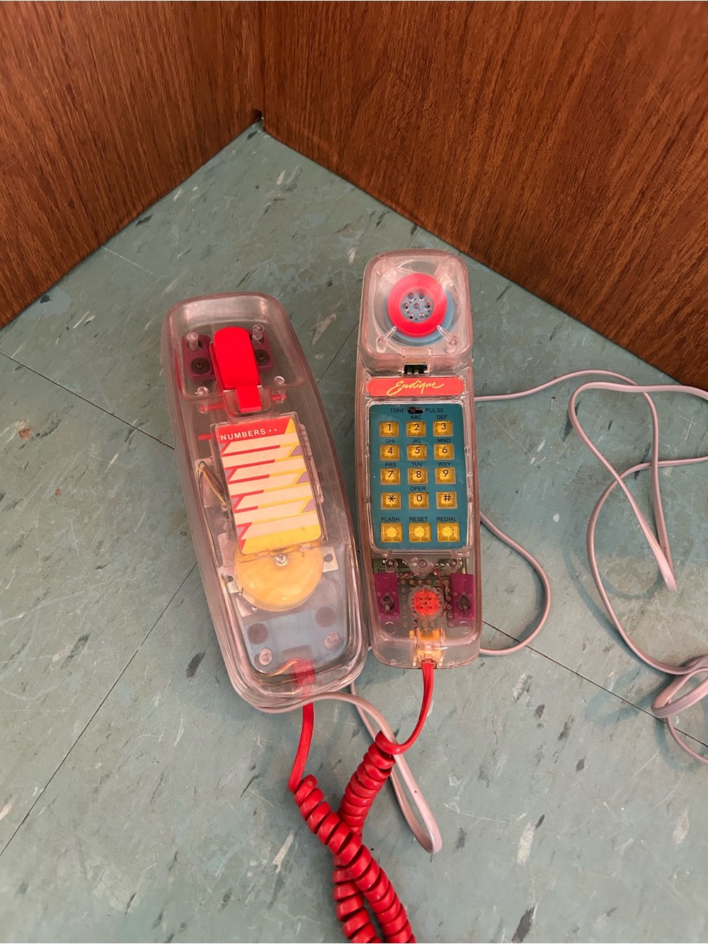 Vintage phone Eudique Extron clear transparent skeleton red 1990’s telephone